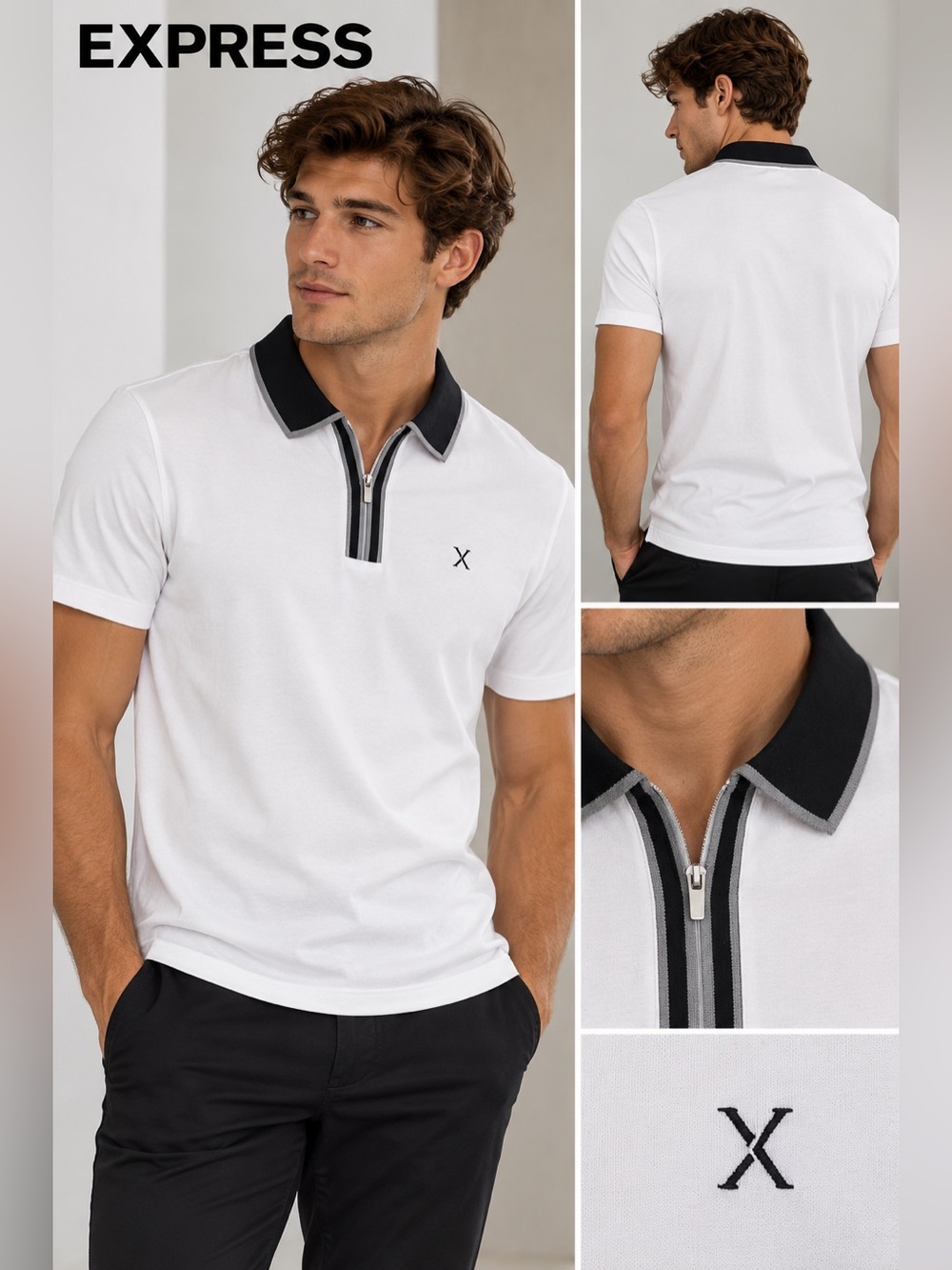 Express White Polo with Black Trim and Zip Collar